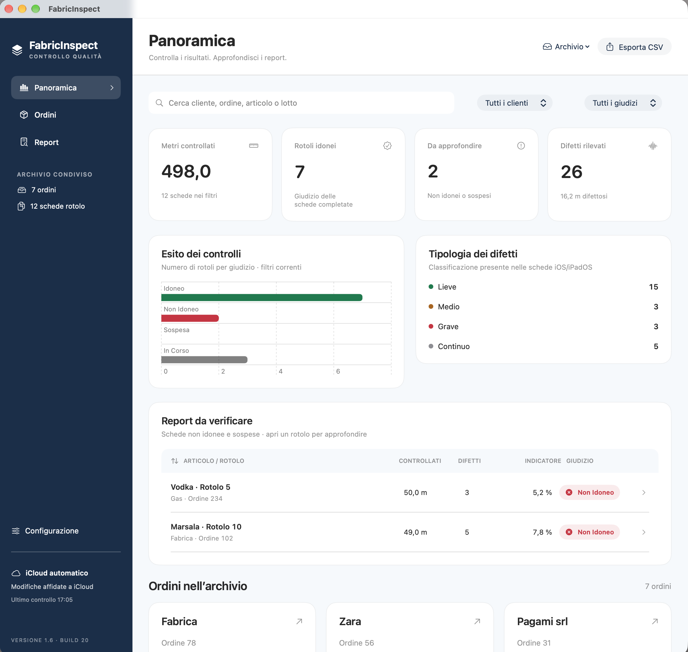 Panoramica FabricInspect per Mac con metri controllati, rotoli idonei, esiti e tipologie dei difetti